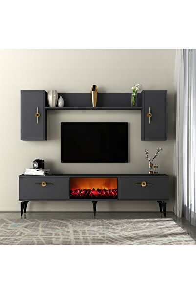 cantek dizayn ZENNİT ŞÖMİNELİ TV ÜNİTESİ TAKIMI ANTRASİT-ANTRASİT