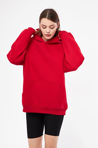 YÜKSEL IŞIK Unisex Kırmızı Renk Basic Sweatshirt Kapşonlu Hoodie %100 Pamuklu
