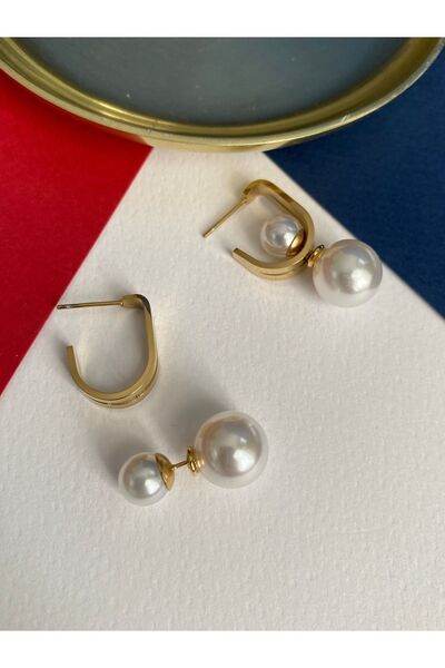 Pinery Jewels İri Top İncili Altın Kaplama Paslanmaz Çelik Kadın Küpe Çifti