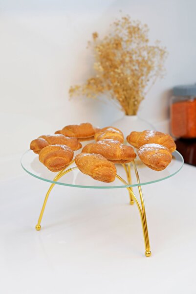 ZURİ DESİGN صينية زجاجية وحامل عرض للكيك والكعك بأرجل معدنية ذهبية