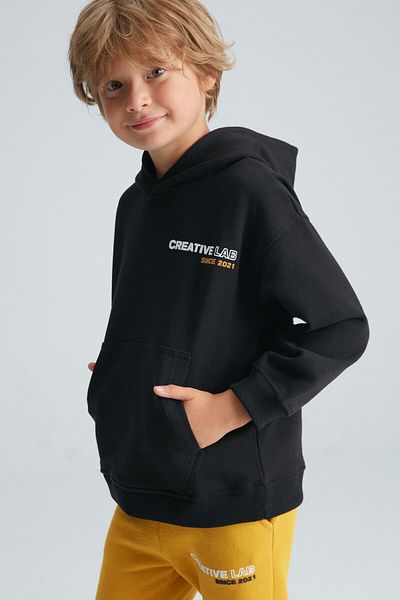 GRIMELANGE Wılson Boy's 3-Thread Hooded Black/Yellow Bottom-Top Suit with Raised Print Detail