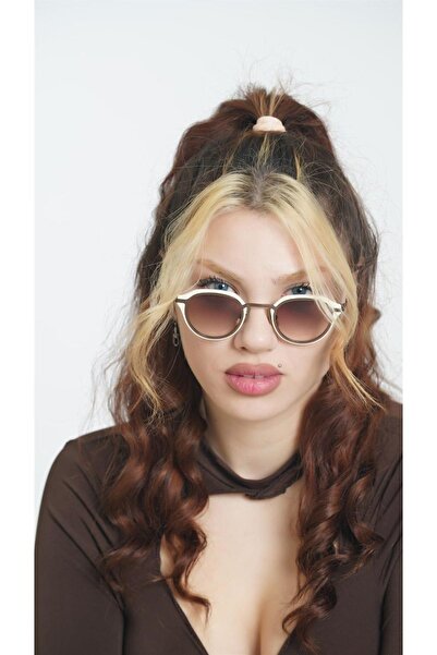 MİSE Unisex Oval Metal Cream Brown Glass Sunglasses
