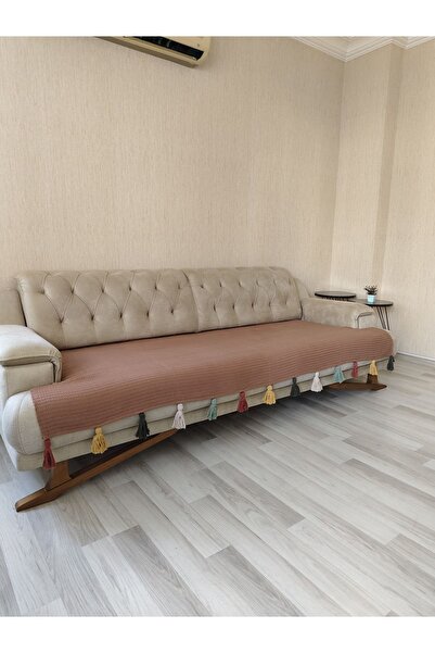 Petek Home Püsküllü Koltuk Örtüsü Kahve Rengi (90x210 Ebatinda Oturma Yerine Örtüdür)