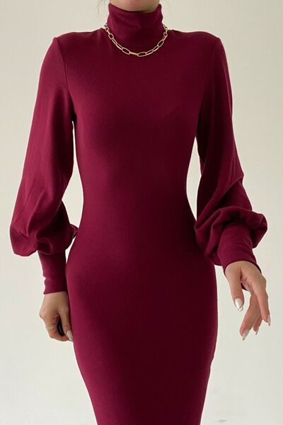 bayansepeti Turtleneck Burgundy Knitwear Midi Dress - Long Sleeve and Slit 277
