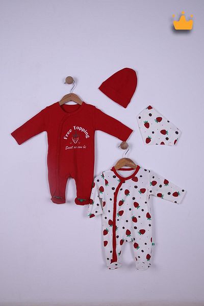 Babyhola Set of 2 100% Cotton Strawberry Overalls - Beret Set of 4 23611