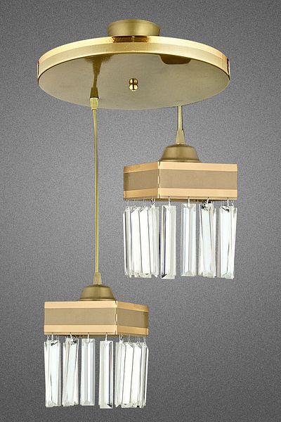 SONSUZ AYDINLATMA&AVİZE Infinite 2-Piece Antique Pendant Lamp with Crystal Stones and Yellow Stripe Square Downward Facing Luxury Chandelier