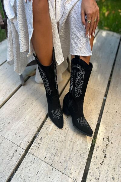 İnan Ayakkabı Kadın Nakış Detaylı Kovboy Çizme (6 cm ) Topuk Boyu