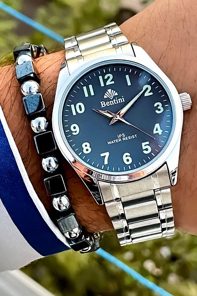 Bentini Men's Wristwatch - New Season, Silver Color, Steel Cord, 2Years Warranty, 3Atm Waterproof Bracelet Gift