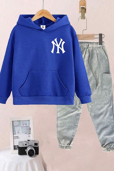 twins tailors Printed Hooded Fleece Inside Unisex Saks Blue Children's Tracksuit Set