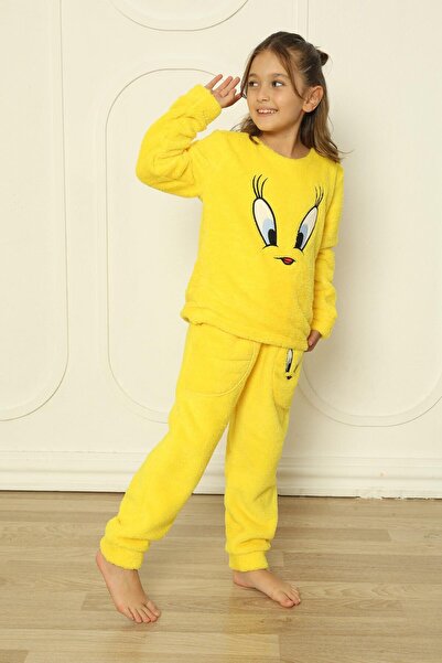 Pijamaevi Sarı Kuş Desenli Tam Peluş Kız Çocuk Pijama Takımı