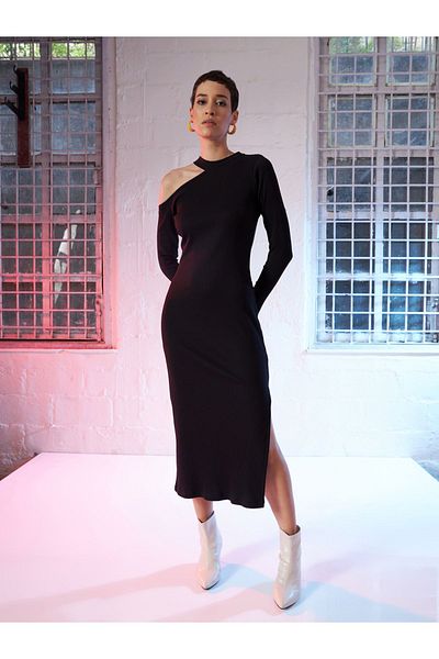 Sassafras By Styli High Neck Shoulder Cut-Out Ribbed Midi Dress