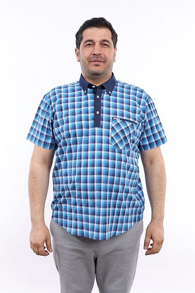 TOUSUS Ανδρικό πουκάμισο μεγάλου μεγέθους Navy Blue-Turquoise καρό Lycra KK-8044-TSS