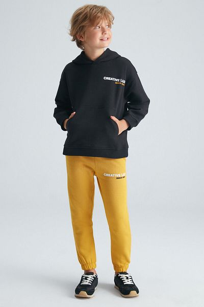 GRIMELANGE Wılson Boy's 3-Thread Hooded Black/Yellow Bottom-Top Suit with Raised Print Detail