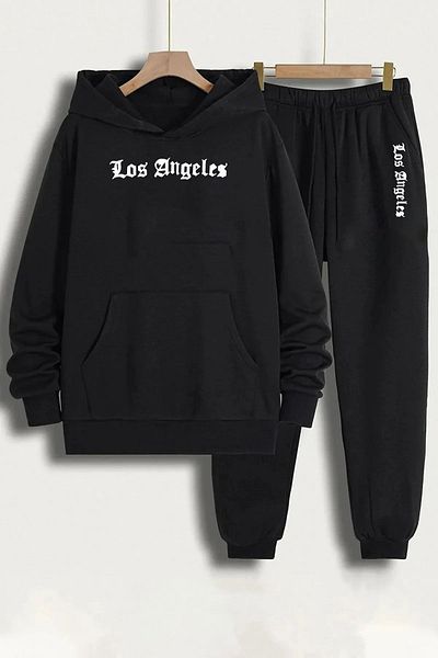 PENTHİLUS Los Angeles Printed Oversize Black Sweatshirt and Sweatpants Set
