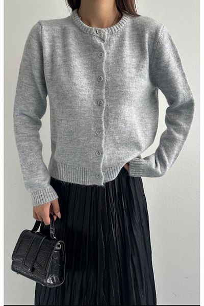 fujya Women's Crew Neck Raised Gray Knitwear Cardigan