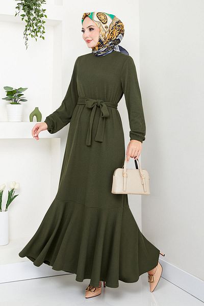 ModaMerve Χακί Hijab Φόρεμα - Ελαστική μανσέτα, Μοντέλο 285DVL817-M