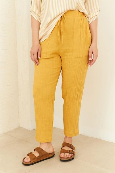 Curly Mustard Skinny Leg Muslin Trousers