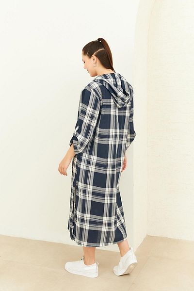 Curly Navy Blue Plaid Hooded Dress