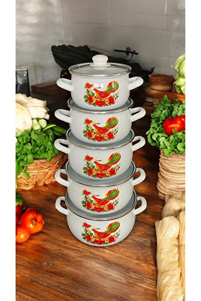 emaye market Emaye Yemek Yoğurt Tencere Takımı Güveç Model Dekorlu 5 li Çeyiz...