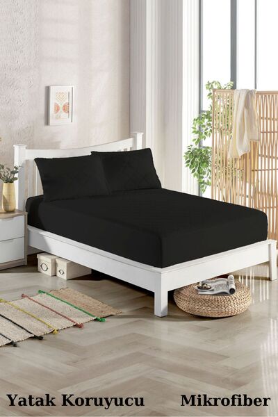 LİNDOA Mikrofiber Kapitoneli Çift Kişilik Alez Yatak Koruyucu Tek Kişilik Battal Boy Siyah