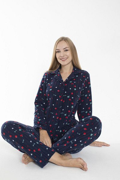 Estiva Women's Winter Fruit Print Front Buttoned Ribbed Fleece Pajamas Set Navy