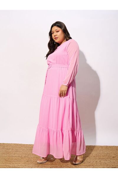 Sassafras By Styli Plus Belted Tiered Maxi Dress with Sheer Sleeve
