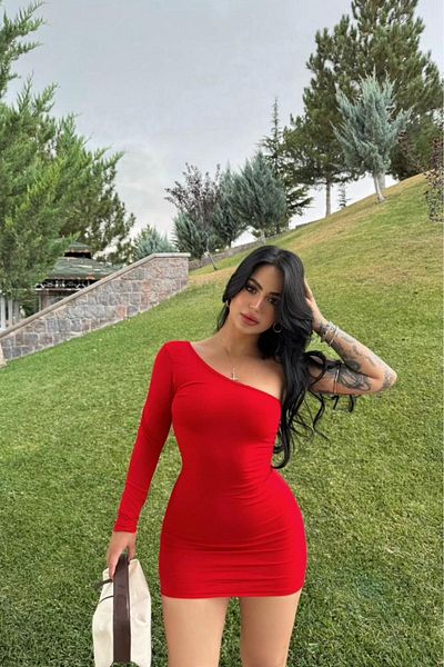 MOZENA One Shoulder Red Scuba Dress - Basic Model