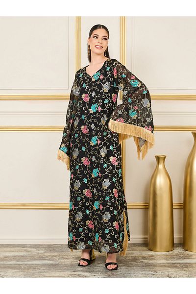Maxim Creation By Styli All Over Floral Embroidered Jalabiya with Tassel Detail