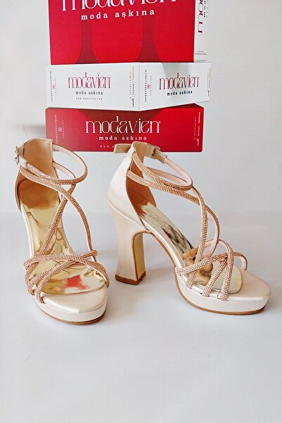 Modavien Kadın bej 10 cm saten taşlı platform ayakkabı