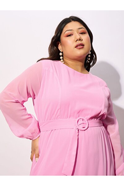 Sassafras By Styli Plus Belted Tiered Maxi Dress with Sheer Sleeve