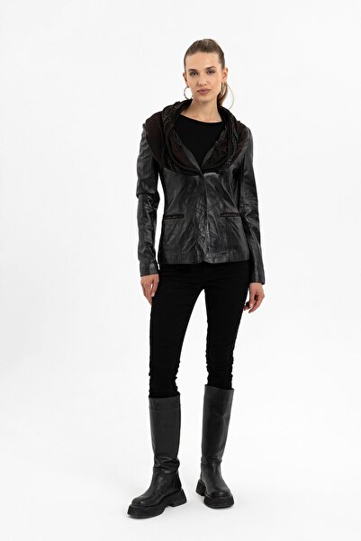 Deriderim Camela Kahve Astarlı Büzgü Yakalı Kadın Hakiki Deri Ceket