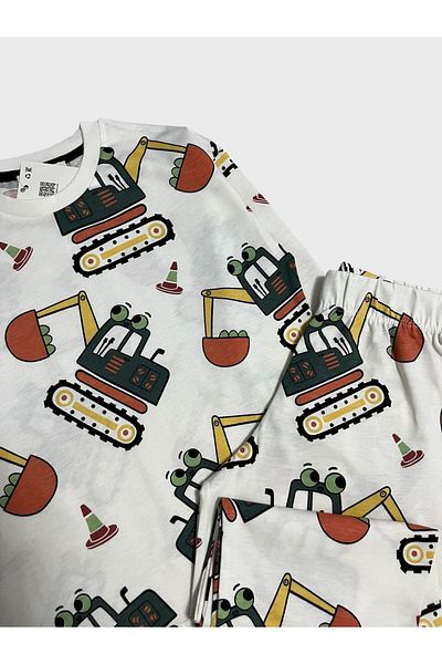 Fil Kids Set pijamale albe cu mânecă lungă - 100% bumbac, model cu linguriță pentru mașini de afaceri