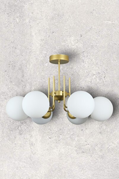 Fer Avize Tanya Modern Tasarım Mutfak - Salon - Yatak Odası - Tavan Eskitme Renk Beyaz Camlı 6 Lı Avize