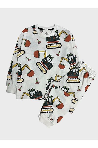 Fil Kids Set pijamale albe cu mânecă lungă - 100% bumbac, model cu linguriță pentru mașini de afaceri