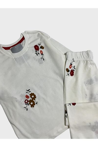 Fil Kids Set de pijamale de iarnă cu mânecă lungă, 100% bumbac, cu modele florale albe