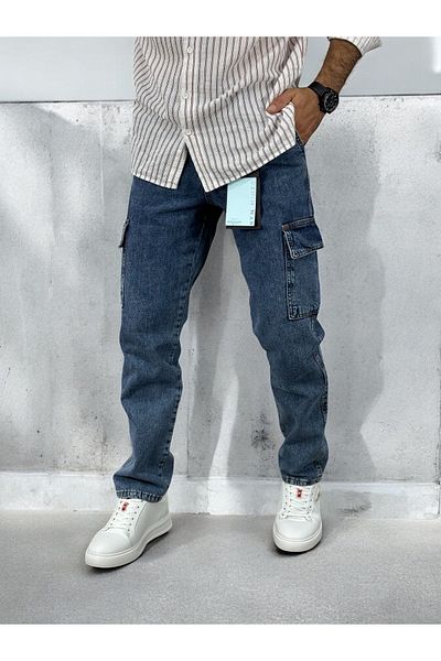 DENIM MAN Men's Navy Blue Baggy Fit Cargo Jean Trousers