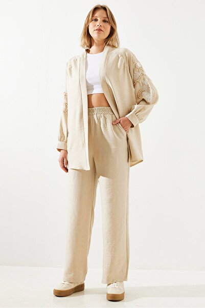 Bianco Lucci Women's Embroidery Detailed Linen Bottom-Top Suit Mbms017 60501017