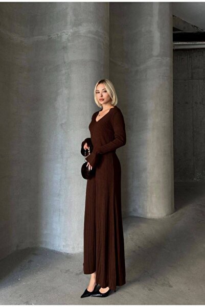 TrendParis Uzun Kol V Yaka Triko Elbise