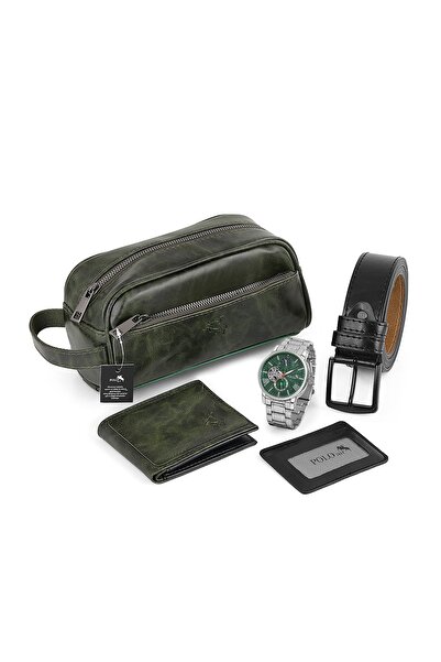 Polo Air Erkek Kol Saati Cüzdan Kartlık Kemer El Çanta Kombin Set Gümüş Yeşil...