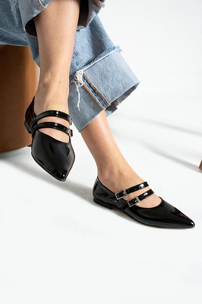 Glenz Women's Double Buckle Pointed Toe Ballerina Shoes TS1165
