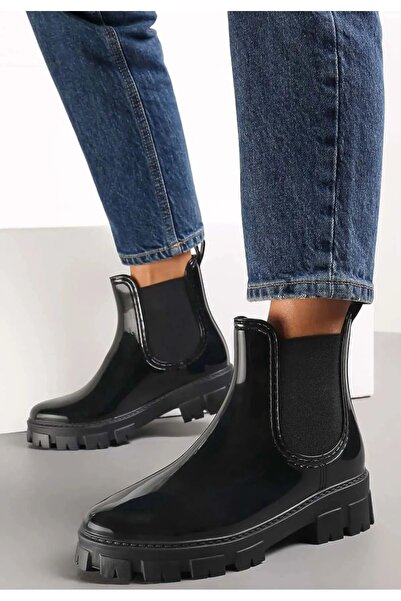 FyzHome FYZ HOME, Siyah Yanları Lastik Detaylı Şık Kadın Yağmur Botu
