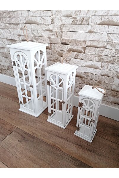 CNR 3'lü Ahşap Fener Mumluk (BEYAZ)