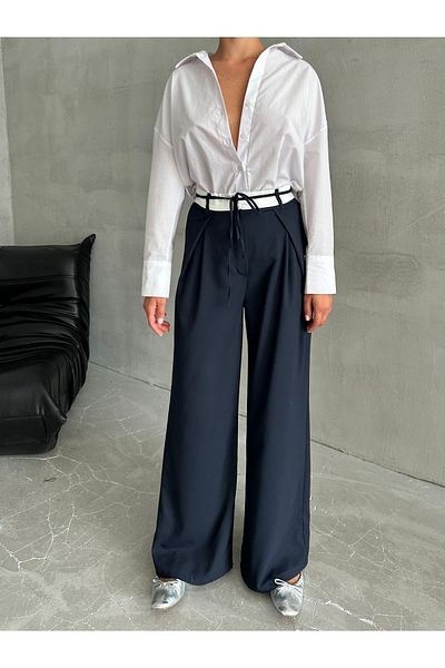 Laluvia Marineblaue Design-Hose mit Seilgürtel-3576