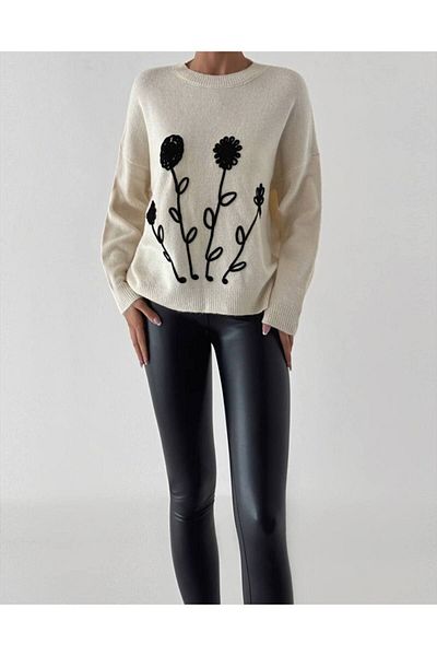 ASM Fashion Pulover alb cu broderie pentru femei