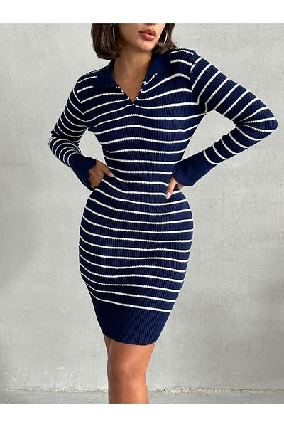 BEJNA Marineblau gestreiftes Mini-Strick-Polokleid – Damen
