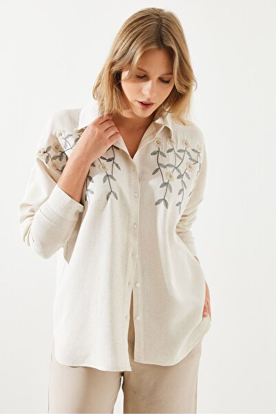 Bianco Lucci Long Sleeve Floral Embroidered Linen Women's Shirt - 60251783