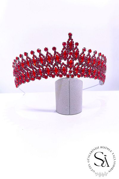 SimgeAksesuar Stylish and Elegant Red CrysTal Jewelled Engagement and Bindal Crown