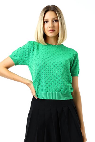 Devinka Γυναικεία πλεκτή μπλούζα με διαμάντι με διάτρητο σχέδιο - κοντομάνικο