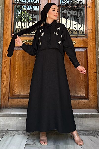 julude Hijab - Black Shirt Embroidered Double Set