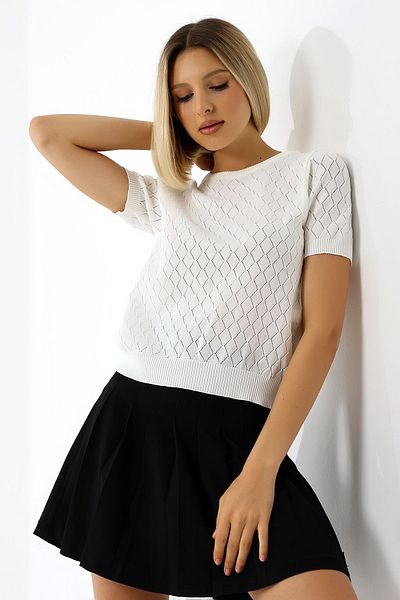 Devinka Women's Openwork Patterned Diamond Knitwear Blouse - Short Sleeve